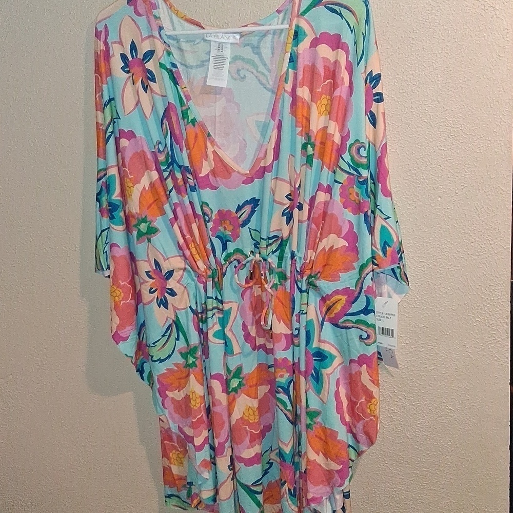 NWT LA BLANCA Breezy Beauty V-Neck Caftan Resort Wear Beach Swim L - Picture 3 of 7
